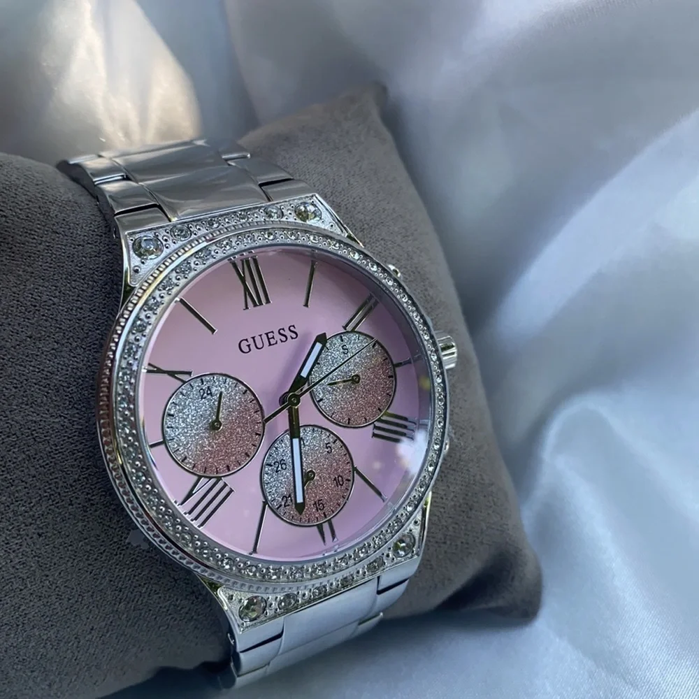New GUESS Silver & Pink Chronograph Watch